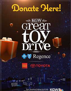 Donation poster for the great toy drive featuring floating presents above a cityscape.