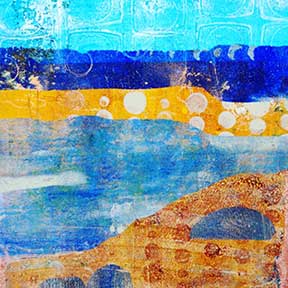 Blue and yellow landscape collage artwork.