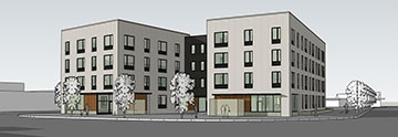 The latest design for the affordable housing development, looking to the southwest.