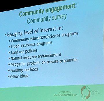 Community engagement is an important factor in the success of the program. This slide from the April 3 presentation lists some of the topics they'll discuss.