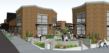 The corner of Dogwood and Saltzman will be a plaza, with outdoor seating
for the adjacent cafes.
