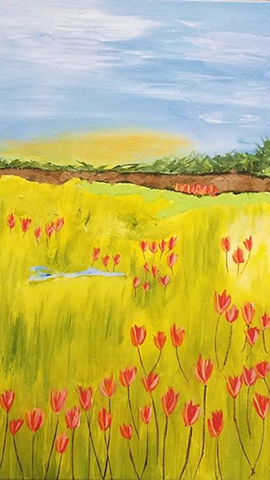 Cheryl Carpentier: "Lucy's Field of Flowers," acrylic. Inspired by our new puppy, Lucy.