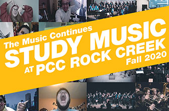 The Music Continues logo: Study Music at PCC Rock Creek Fall 2020