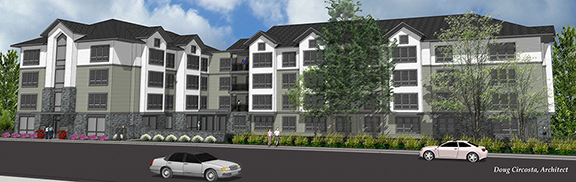 Architect rendering of the senior apartments looking across Dogwood.