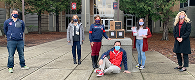 Two Westview Vice-Principals, SAM Medical Director of Sales Denise Ehlert, Jamie Burdett, Luke Fritz (teacher-sponsor and mentor), and Vicky Siah were present at the reception of the kits.