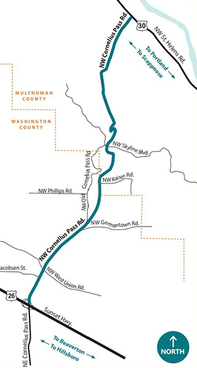 Map of section of Cornelius Pass Road transferred to ODOT