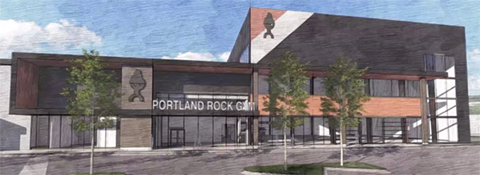 A rendering of the Rock Gym east facade.