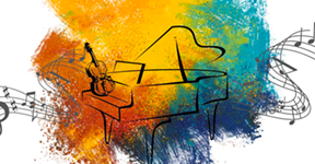 piano on rainbow background with musical notes