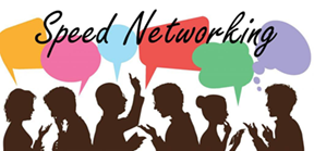 speed networking graphic featuring dark silhouettes of people talking under colorful speech bubbles
