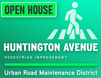 huntington avenue open house graphic featuring person crossing road on green background
