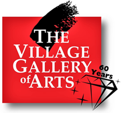 Village Gallery of Arts 60 years logo featuring black diamond and brushstroke on red background
