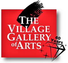 The Village Gallery of Art 60th Year Logo features black diamonds and calligraphy on a red background.