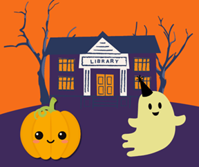 ghost and pumpkin in front of library