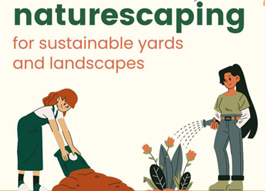 naturescaping for sustainable yards and landscaps - two cartoon figures mulch and water a garden