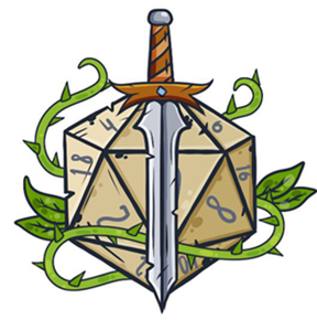illustration of sword and vine above dice