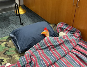 Larry the Weather Chicken prepares to spend the night at the NWS headquarters. Several NWS employees did the same, rather than braving the extreme road conditions during the storm.