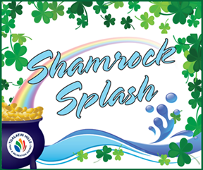 shamrock splash event poster featuring pot of gold, rainbow, and shamrocks