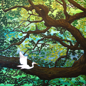 Big and Bold Art by Leah Jay: "It's a white egret taking off with a giant oak as backdrop. White egrets and big oak trees were always things I'd yell 'stop the car!' for when passing, so I could get a better look!" Tanglewood, acrylic, 36"x36".
