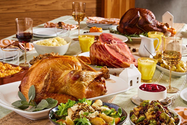 holiday meal laid out on dining table