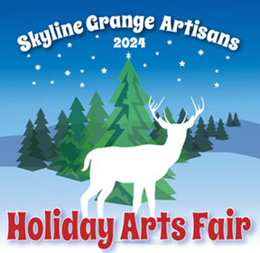 skyline grange artisans holiday arts fair 2024 poster with white deer in front of snowy forest illustration