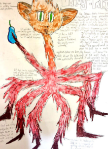 drawing of a red and orange many legged creature